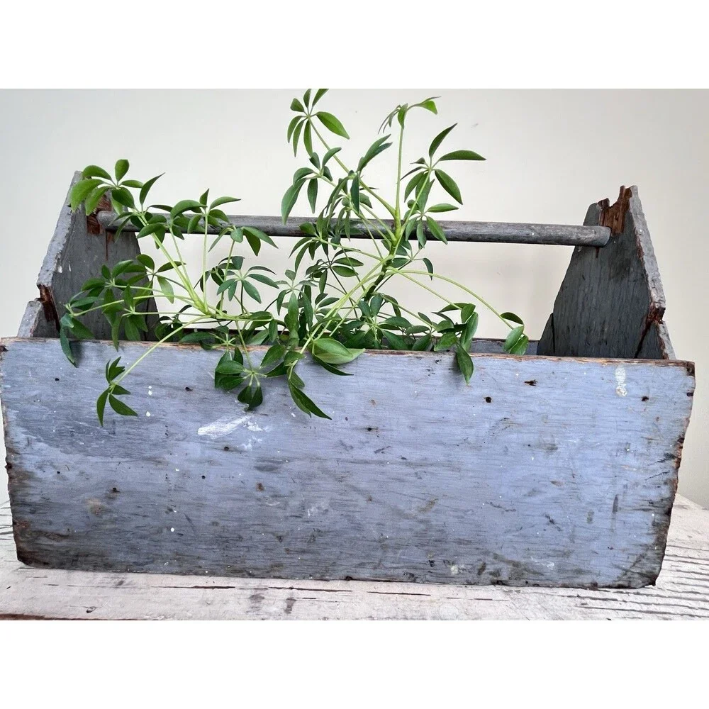 Vintage Grey Primitive Carpenter's Wooden Tool Box Caddy Tote Rustic Wood 21”